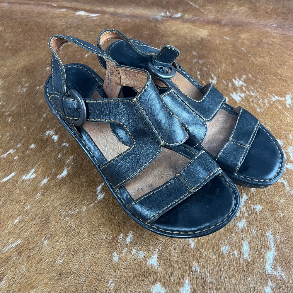 Born black leather casual wedge sandals